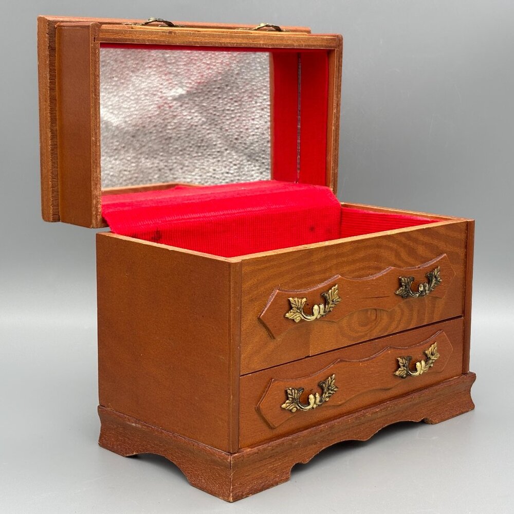Vintage Wooden Jewelry Box with Red Velvet Lining and Mirror